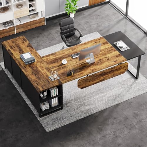 Tribesigns 70.8" Executive Desk with 55" File Cabinet, Modern L Shaped Computer Desk with Storage Shelves and Cabinet, Large L Shaped Executive Desk for Home Office, Beige & Walnut