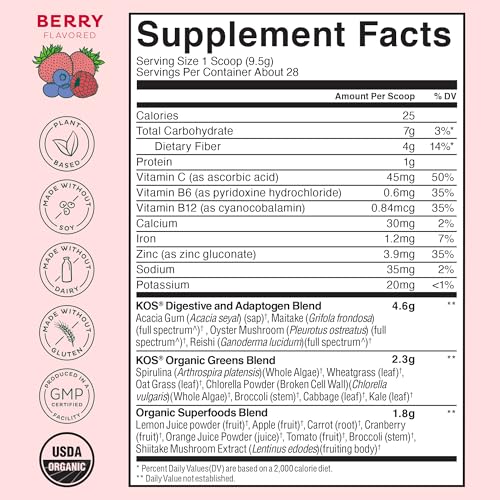 KOS Organic Superfood Greens Powder - Gut Health from Prebiotic Fiber, Supergreens and Adaptogens - USDA Certified Organic, Made in a GMP certified facility - 28 Servings Berry
