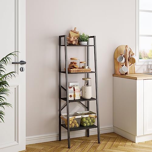 Hoctieon 4-Tier Industrial Ladder Bookshelf, Narrow Ladder Shelf, Tall Standing Bookshelf, Skinny Open Ladder Shelf, for Living Room, Home Office, Kitchen, Bedroom, Metal Frame, Black