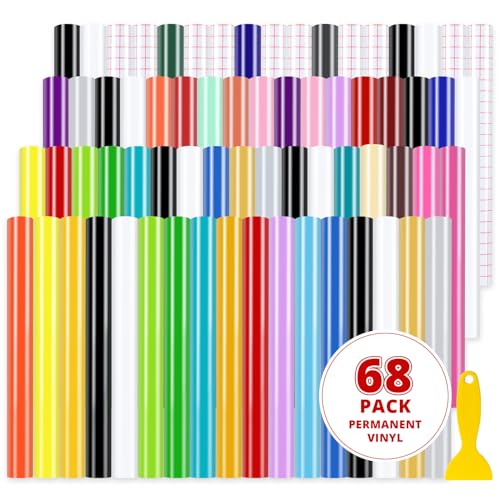 HTVRONT Permanent Vinyl for Cricut Machine - 68 Pack 12" x 12" Permanent Adhesive Vinyl Sheets, Permanent Vinyl Bundle for Craft Projects, Adhesive Vinyl Bundle for Cricut, Silhouette Cameo, etc.