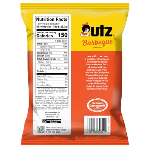 Utz Potato Chips, Barbeque - 1 Ounce (Pack of 60), Crispy Potato Chips Made from Fresh Potatoes, Crunchy Individual Snacks to Go, Cholesterol Free, Trans-Fat Free, Gluten Free Snacks
