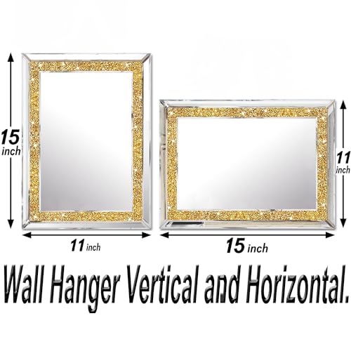 XIHACTY 2 Piece Wall Mirrors, Crush Diamond Wall Decor, Gold Color Decorative Mirrors for Living Room, Bedroom, Bathroom. (11'x15')