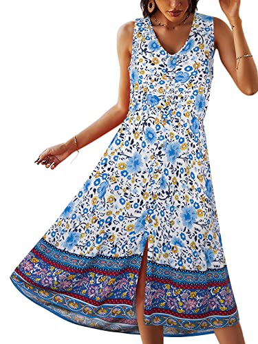 TEMOFON Women's Dress Bohemian Short Sleeve Summer V-Neck Split Floral Printed Casual Maxi Dresses for Beach Party Blue M