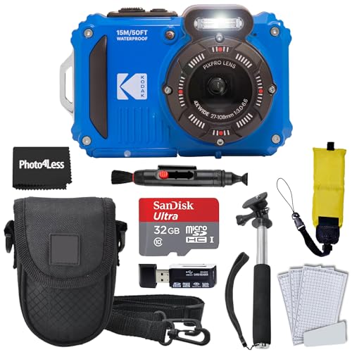 Kodak PIXPRO WPZ2 Rugged Waterproof Shockproof Digital Camera 16MP 4X Optical Zoom 1080P Full HD Video, 2.7 LCD (Blue), 32GB SD Card, Black Compact Camera Case, Floating Strap, Bundle (7 Items)