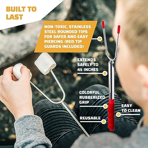 MalloMe Smores Sticks for Fire Pit Extra Long - Marshmallow Roasting Sticks Smores Kit -Smore Skewers Hot Dog Fork Campfire Cooking Equipment, Camping Essentials, Outdoor Campfire Accessories 45"4Pack