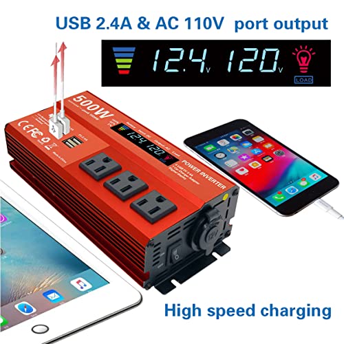 MOVFFGGRM 500W Power Inverter for Vehicles,DC 12V to 110V AC,4 x 2.4A USB Ports car Plug in Adapter Outlet with 1 Cigarette Lighter Ports car Power Inverter