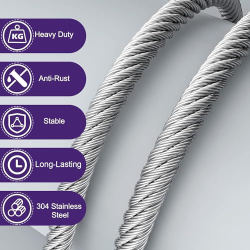 hannger 5/16 Stainless Steel Cable 25ft, 7x19 Strand Wire Rope Cable, 9000 lbs Break Strength, Steel Cables with Loops, Wire Rope Clamps, Thimble for Boat Lifts, Zip line, Deck Railing
