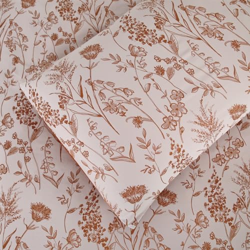 YINFUNG Flower Duvet Cover Floral Embroidered Burnt Orange Terracotta Rust White Queen Spring Wildflower Botanical Jacquard Textured 3 Pieces Bedding Set Country French Elegant
