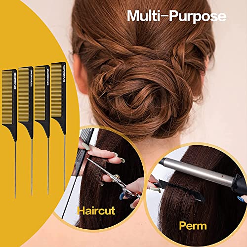 Goodofferplace 4 PCS Rat Tail Combs Parting Rattail Combs Teasing Fine Tooth Comb with Metal Pick for Curly Hair,Detangling Combs for Women,Parting Combs for Braiding,Styling Hair(Black)