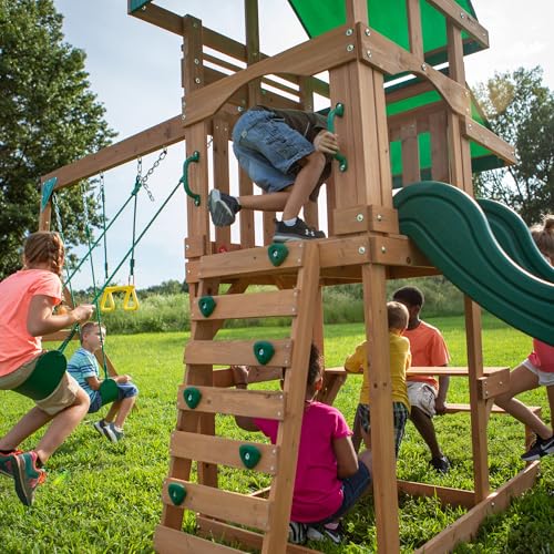 Backyard Discovery Belmont Cedar Wood Swing Set with Wave Slide, Play Deck, Rock Wall Ladder, Snack Bar Window, Shaded Picnic Area, Bench, Belt Swings, Trapeze, Sandbox Area, Canopy, Outdoor Playset