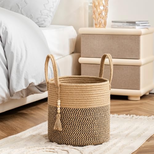 UBBCARE Woven Storage Basket - 11 x 11 inches, Decorative Rope Basket with Handles, Round Basket for Blankets, Dirty Clothes, Toys and Shoes in Living Room, Bedroom, White & Jute