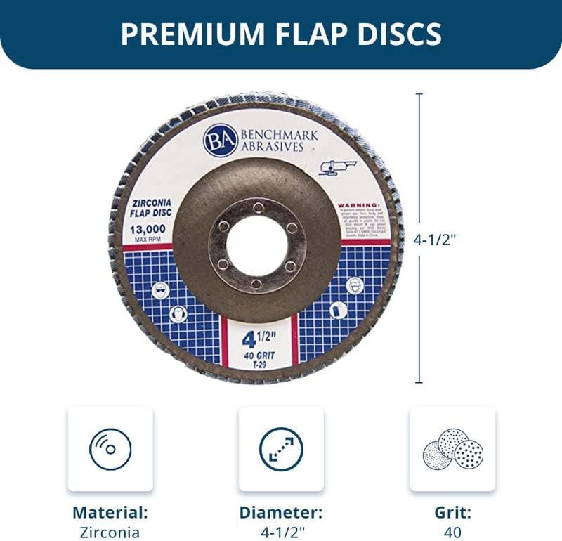 Benchmark Abrasives 4.5" x 7/8" Premium Zirconia Type 29 Flap Discs 4 1/2 for Angle Grinder, Sanding Discs, Finishing - Grinding Wheels 4 1/2 inch - (10 Pack) 40 Grit
