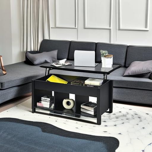 Tangkula Wood Lift Top Modern Coffee Table w/Hidden Compartment and Open Storage Shelf for Living Room Office Reception Room (Black)