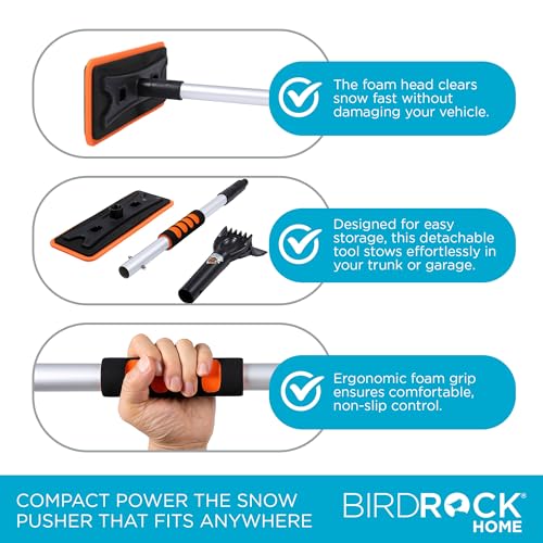 BIRDROCK HOME 36" Extendable Snow Pusher Brush & Detachable Ice Scraper for Cars | Aluminum Grip for Car, Truck, SUV | Safe on Auto Windshield & Windows | Wide Frost Remover for Semi & Small Vehicles