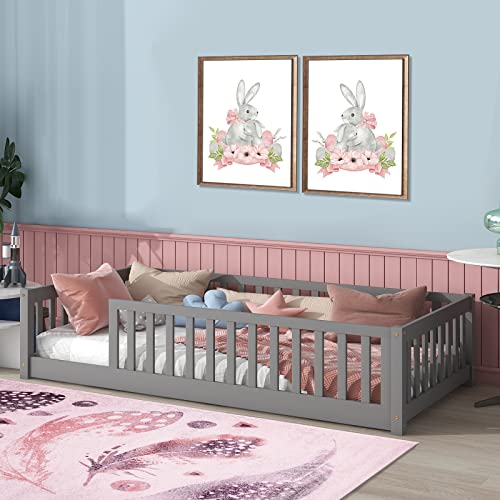 Tatub Twin Floor Bed for Kids with Safety Guardrails and Door and Slats, Wood Kids Montessori Floor Bed Frame for Girls and Boys, Twin-White Without Door