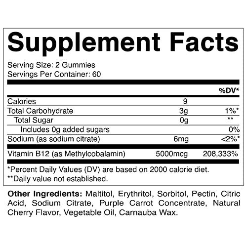 Vitamatic Extra Strength Vitamin B12 5000 mcg (Methyl B12) Gummies - 120 Count - Natural Cherry Flavored