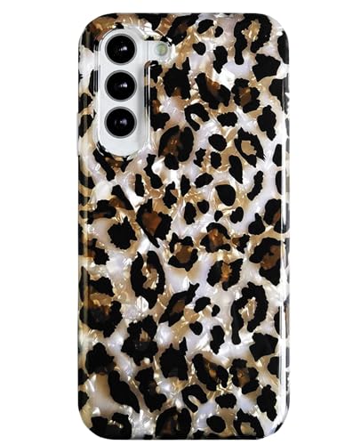 J.west Galaxy S24 Plus Case 6.7", Luxury Sparkle Glitter Translucent Cute Brown Leopard Pearly Thinfoil Design Shiny Animal Print Soft Silicone Cover for Women Girls Slim TPU Protective Phone Case