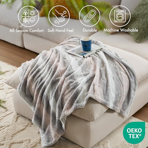 Madison Park Zuri Soft Plush Luxury Oversized Faux Fur Throw Animal Stripes Design, Faux Mink On The Reverse, Modern All Seasons Blanket for Bed, Sofa Couch, Office, Aqua, 60x70