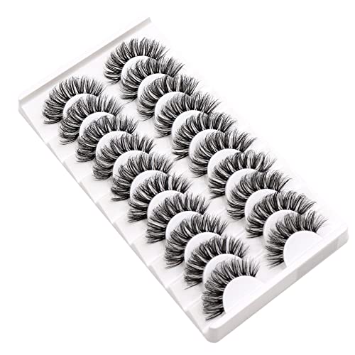 Veleasha Clear Band Lashes 10 Pairs Pack D Curl Russian Strip Lashes,Natural Look Transparent Soft Band Faux Mink Eyelashes for Eye Makeup (DT12-Pink New)