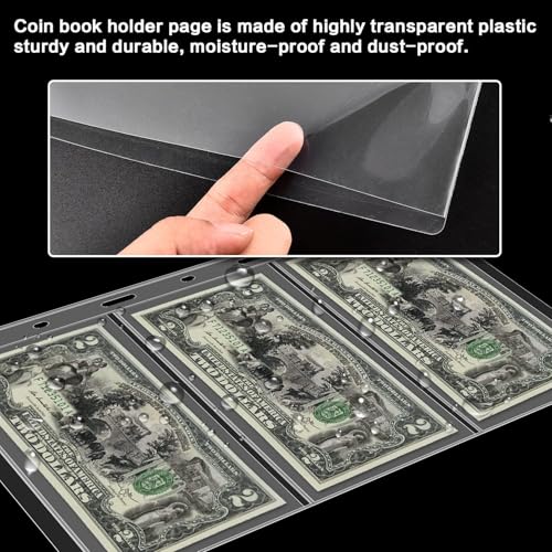 12 Sheets Paper Money Collection Supplies Pages, Currency Collecting Book Album Sleeves, 36 Pocket Money Stamp Page Holders for Standard 9-Hole Coin Collector Binder, 3 Pockets/Sheet