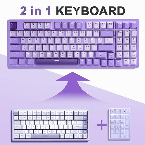 HUO JI Mechanical Gaming Keyboard USB Wired Compact with Number Pad, Purple Led Backlit, Blue Switch, Detachable Type C Cable, 94 Keys for PC/Computer/Laptop, White and Purple
