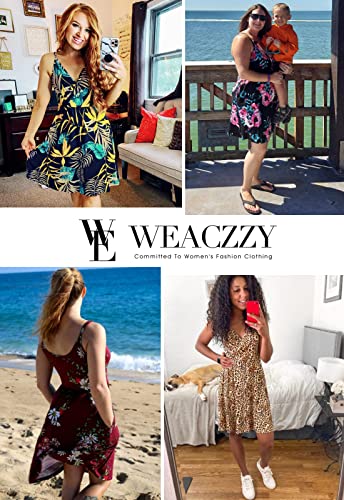 WEACZZ Summer Dresses for Women 2025 V Neck Floral Sundresses for Women Casual Beach Boho Vacation Mini Dress with Pockets,Silhouette Green Leaf,L