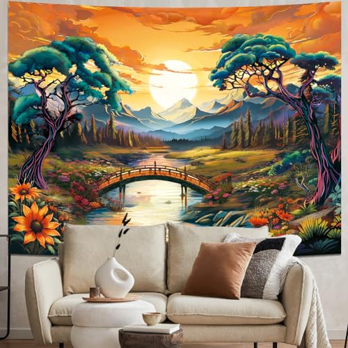 Racunbula Trippy Mountain Tapestry Sun Forest Tapestry Floral Plant Tapestry Nature Landscape Wall Tapestry Mystic River Tapestry Wall Hanging for Bedroom