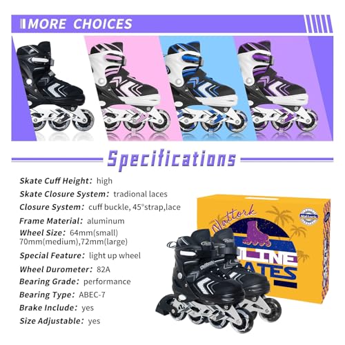 Nattork Inline Skates for Boys Girls with Full Light up Wheels, Adjustable Beginner Roller Skates for Kids Youth Black Age 6-12