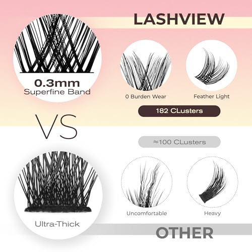 LASHVIEW Cluster Lashes 182pcs COMFYLASH D Curl Lash Extension Clusters Natural Look Cluster Lashes Extensions Super Thin Band & Soft Lashes Reusable 9-16mm MIX (natural)