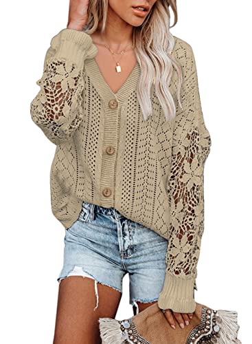 Dokotoo Casual Crochet Cable Knit Lace Cardigan for Women Ladies Sexy V Neck Button Down Long Sleeve Womens Tunic Hollow Out Lightweight Winter Clothes Tops Khaki S