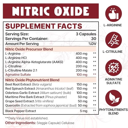 Nitric Oxide Supplement for Men, Nitric Oxide Precursor & Nitric Oxide Phytonutrients Complex - 90 Capsules (1 Bottle)