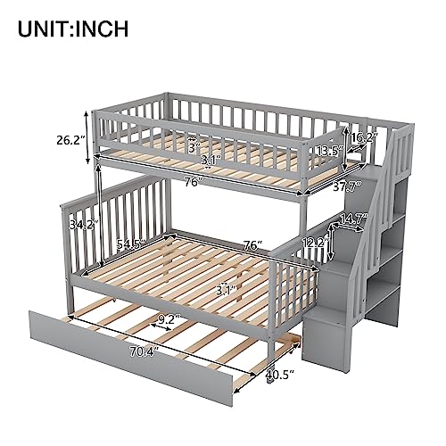Harper & Bright Designs Bunk Beds Twin Over Full Size, Bunk Bed with Trundle,Storage Shelf and Stairway,Wood Bunk Beds with Full-Length Guard Rail for Kids and Teenagers,No Box Spring Needed, Grey
