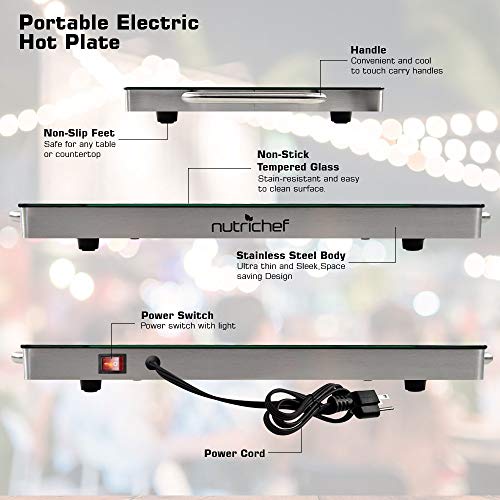 Nutrichef Electric Hot Plate Tray Dish Warmer with Black Glass Top | Ideal for Home, Buffet, Parties, Kitchen & Dinners | Portable & Perfect for Tables or Countertops | 14.5'' L x 8.6'' W