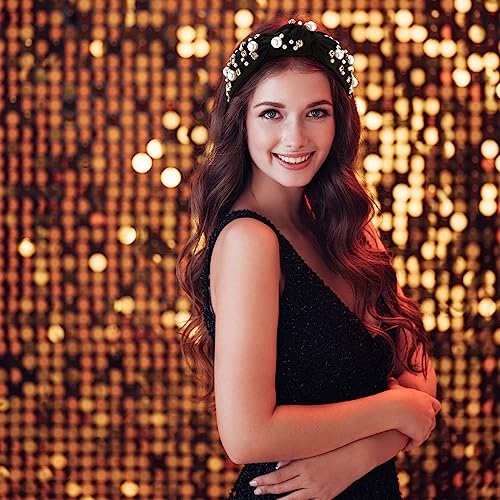 Atoden Black Wide Top Knot Headband with Pearl Rhinestone for Women's Hair Embellished Headbands Non Slip Sparkly Hair Bands Fashion Hair Accessories