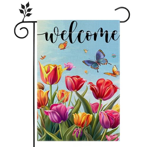 Welcome Garden Flags, Butterfly Tulip Garden Flag, 12x18 Inch Vertical Double Sided Burlap, Summer Porch Garden Flag, Outdoor Yard House Decor (Only Garden Flag)