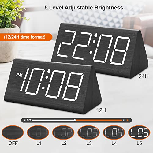 DreamSky Wooden Digital Alarm Clocks for Bedrooms - Electric Desk Clock with Large Numbers, USB Port, Battery Backup Alarm, Adjustable Volume, Dimmer, Snooze, DST, 12/24H, Wood Décor (Black)