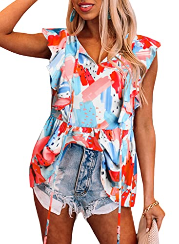 Dokotoo Women's Casual Summer Chiffon Flowy Solid Color Crew Neck Cap Sleeve Shirts for Women Loose Ruffle Trim Tunic Ladies Tank Tops and Blouses Black Medium