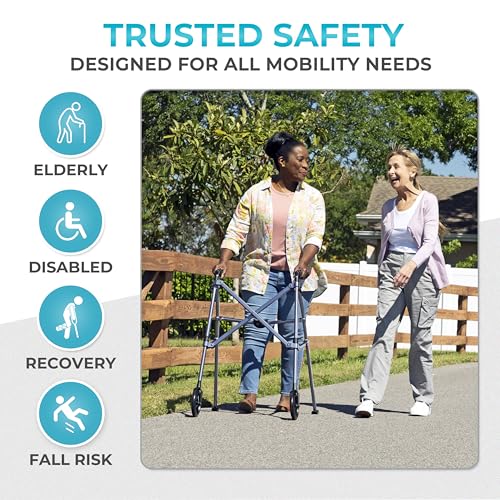 Stander Space Saver Walker, Lightweight Folding Rolling Mobility Aid for Seniors & Adults, Compact 2-Wheel Disability Device with 6-inch Wheels & Ski Glides for Walking Support, Cobalt Blue