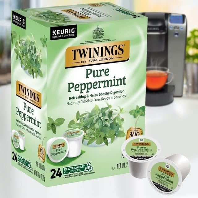 Twinings Pure Peppermint Herbal Tea K-Cup Pods for Keurig, 24 Count (Pack of 2), Made with 100% Pure Peppermint, Naturally Caffeine-Free, Enjoy Hot or Iced