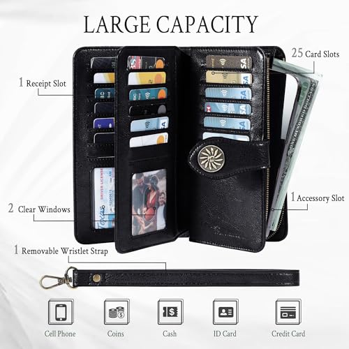 Travelambo Women's Wallet RFID Blocking Wristlet Clutch Large Capacity Credit Card Holder Leather Purse Wallets with Removable Wrist Strap