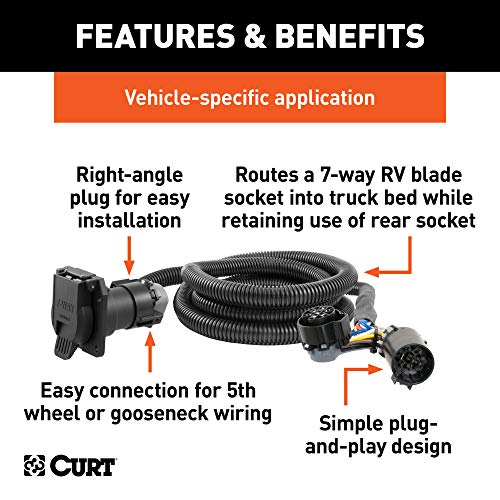 CURT 56070 7-Foot Vehicle-Side Truck Bed 7-Pin Trailer Wiring Harness Extension, Select Chevrolet, Dodge, Ford, GMC, Nissan, Ram, Toyota , black