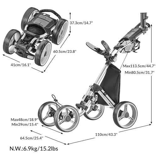 CaddyTek 4 Wheel Golf Push Cart - Compact, Lightweight, Close Folding Push Pull Caddy Cart Trolley - Explorer V8, Dark Grey, One Size, Model: Explorer Vsersion 8 - Dark Grey
