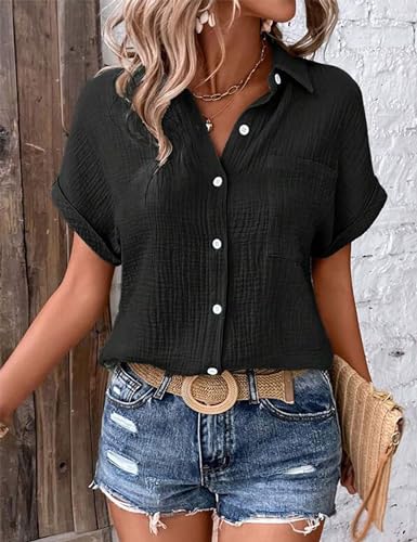 Zontroldy Women's Spring Summer Button Down Shirts Collared V Neck Short Sleeve Blouse Tops(0533-Black-S)