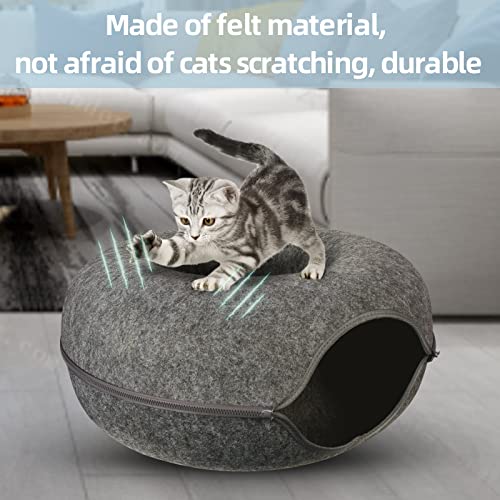 Cat Tunnel Bed, Cat Tunnels for Indoor Cats Large, Peekaboo Cat Cave, Cat Hideaway Folded Cat Donut Tunnel, Detachable Round Felt & Washable Interior Cat House (20 in * 20 in* 9 in Medium) Dark Gray