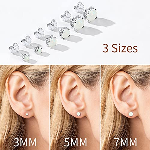 ChicSilver Opal Earrings White Gold Plated Sterling Silver Round Cut Created White Opal Stud Earrings for Women 3mm October Birthstone Small Cute Opal Jewelry