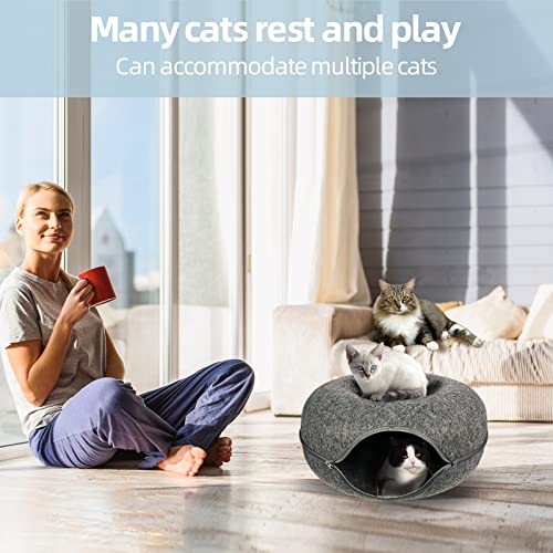Cat Tunnel Bed, Cat Tunnels for Indoor Cats Large, Peekaboo Cat Cave, Cat Hideaway Folded Cat Donut Tunnel, Detachable Round Felt & Washable Interior Cat House (20 in * 20 in* 9 in Medium) Dark Gray