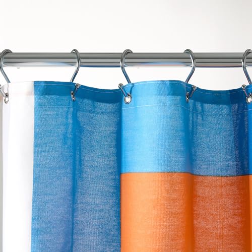 TOWN & COUNTRY PLAY Lucy Mid Century Squares Cotton-Rich Breathable Fabric Shower Curtain with Anti-Rust Grommets, White/Orange/Blue, 70"x72"