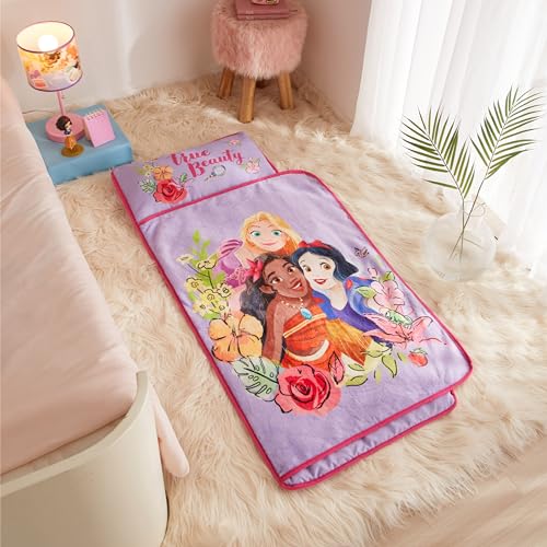 Disney Princess Toddler Quilted Nap Mat – Super Soft Plush Sleep Mat with Built-in Blanket & Pillow, 20" W x 46" L, Portable and Cozy for Daycare, Preschool, or Travel
