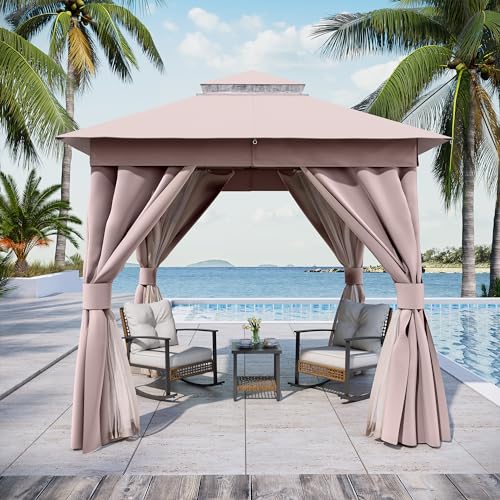 LAUSAINT HOME Outdoor Patio Gazebo with Expansion Bolts, Double Roof Soft top Gazebos Shelter Party Tent with Mosquito Nettings and Privacy Screens for Backyard, Deck, Garden, Lawn (8×8, Khaki)