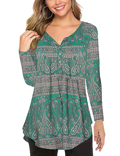 Halife Women's Long Sleeve V Neck Tops Paisley Printed Casual Tunic Blouses Loose Fall Shirts Dark Green M